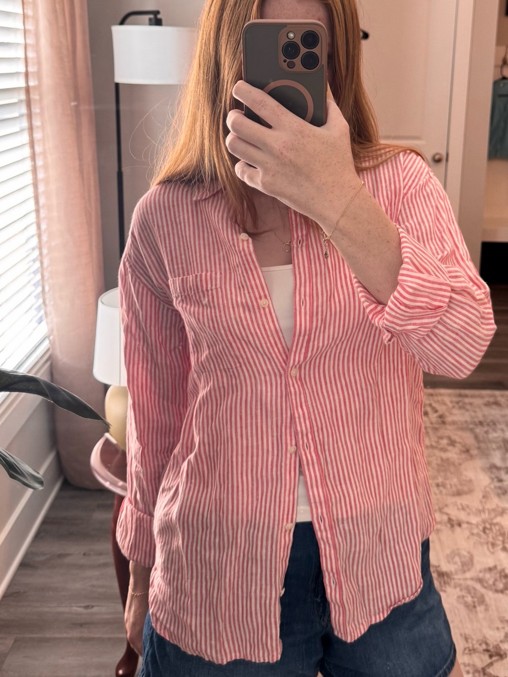 Vineyard Vines 100% Linen Striped Button Down Shirt Pink/White Small